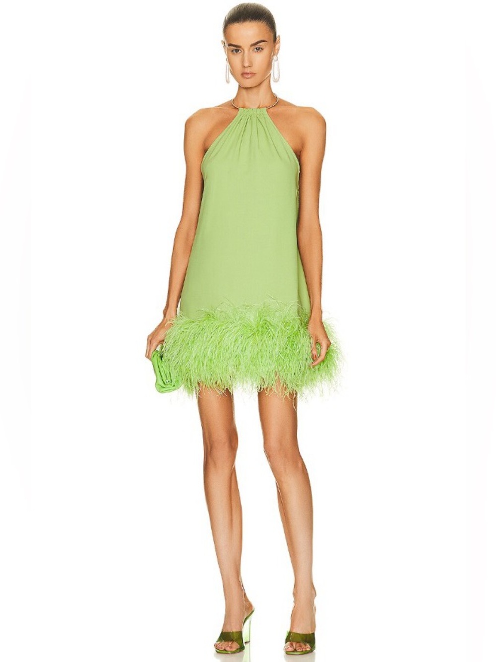 CULT GAIA Reeves Lime Ostrich Feather Embellished Halter Neck Mini Dress M NWT - Picture 5 of 5